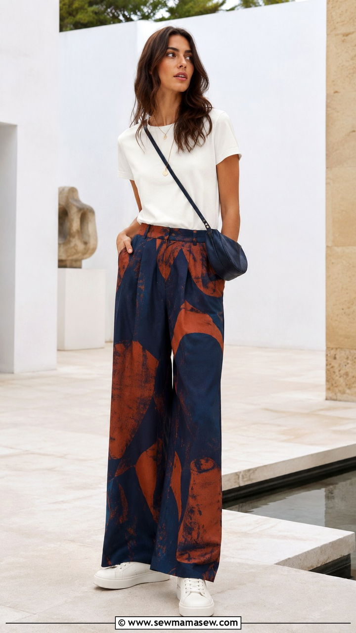Wide leg printed pants with solid sneakers outfit - 25 Wide leg pants outfit ideas with sneakers