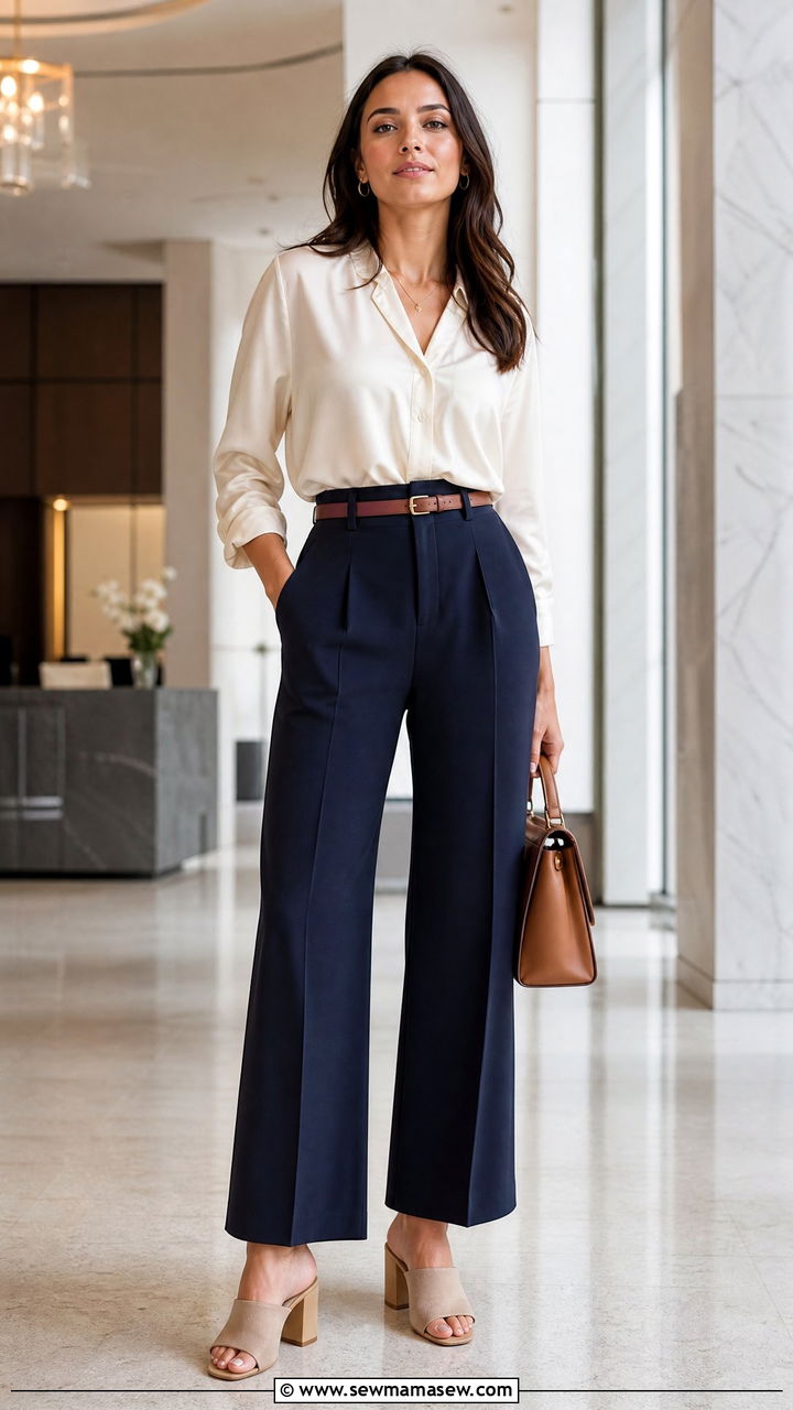 Wide leg tailored trousers with a silk blouse and block heel mules - 25 Spring outfits with mules