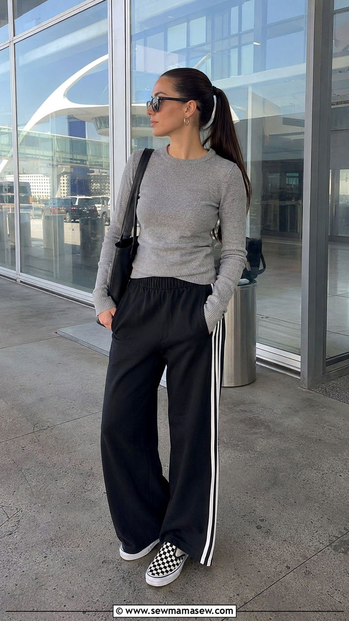 Wide leg track pants crewneck sweater airport - 30 LAX airport outfit ideas