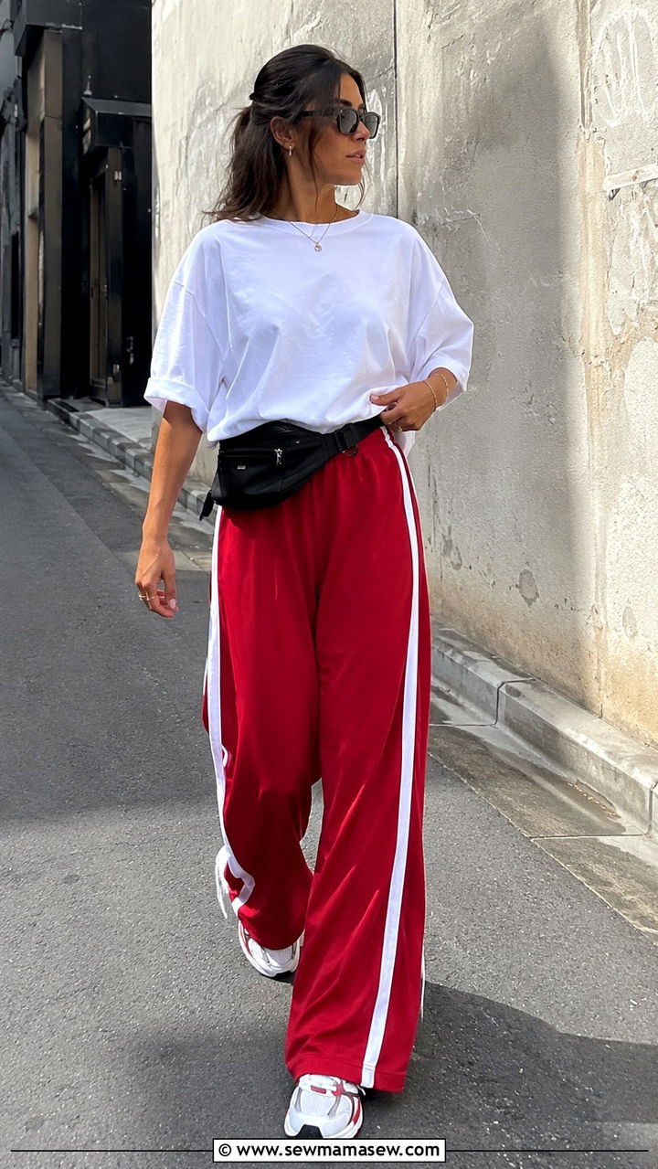 Wide leg track pants with athletic sneakers outfit - 25 Wide leg pants outfit ideas with sneakers