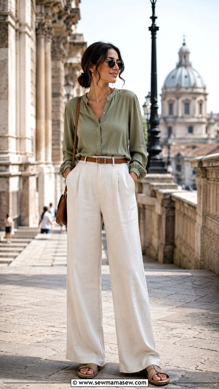 Wide leg trousers and blouse modest vacation outfit - 30 Modest outfit ideas for vacation