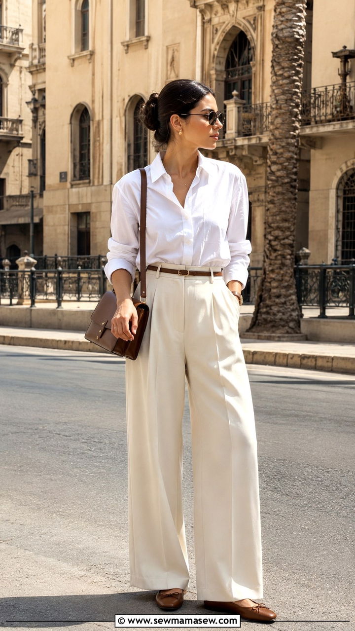Wide leg trousers and button up shirt outfit for Egypt - 20 Modest outfit ideas for Egypt