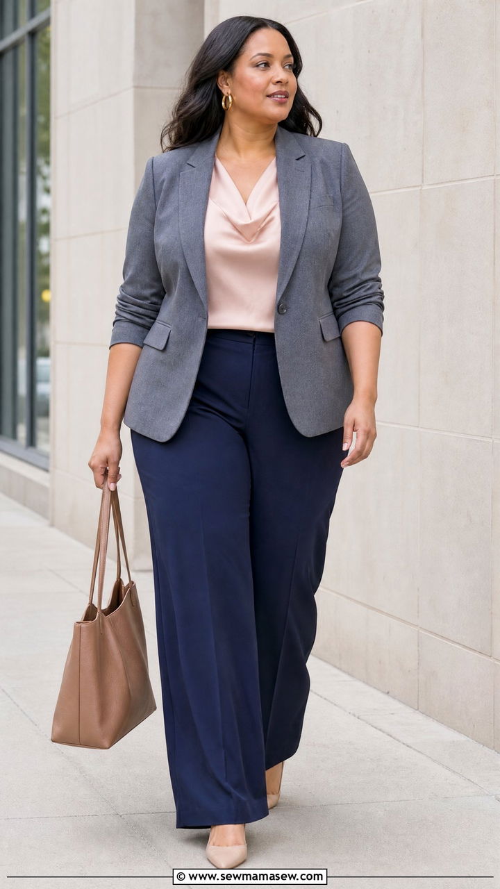 Wide leg trousers and fitted blazer outfit - 25 Interview outfit ideas plus size