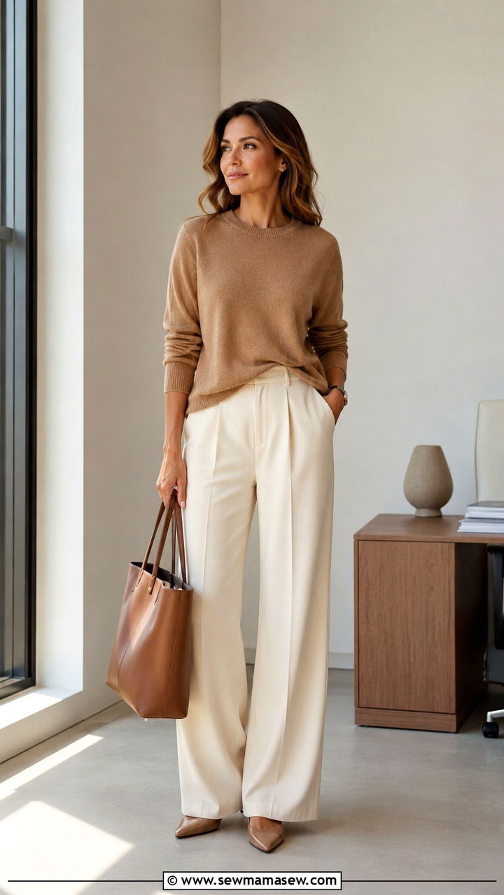 Wide leg trousers and knit sweater outfit for woman in her 30s - 25 Outfit ideas for 30 year old woman