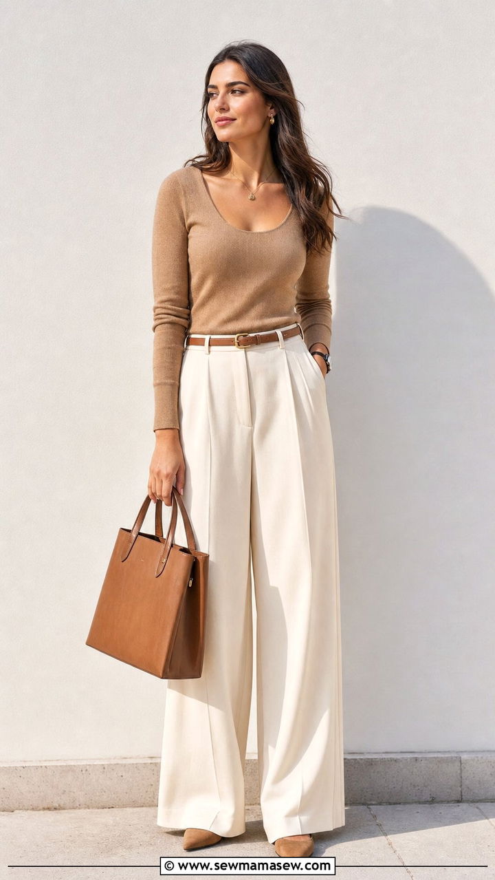 Wide leg trousers and knit top outfit - 25 spring late spring outfit ideas