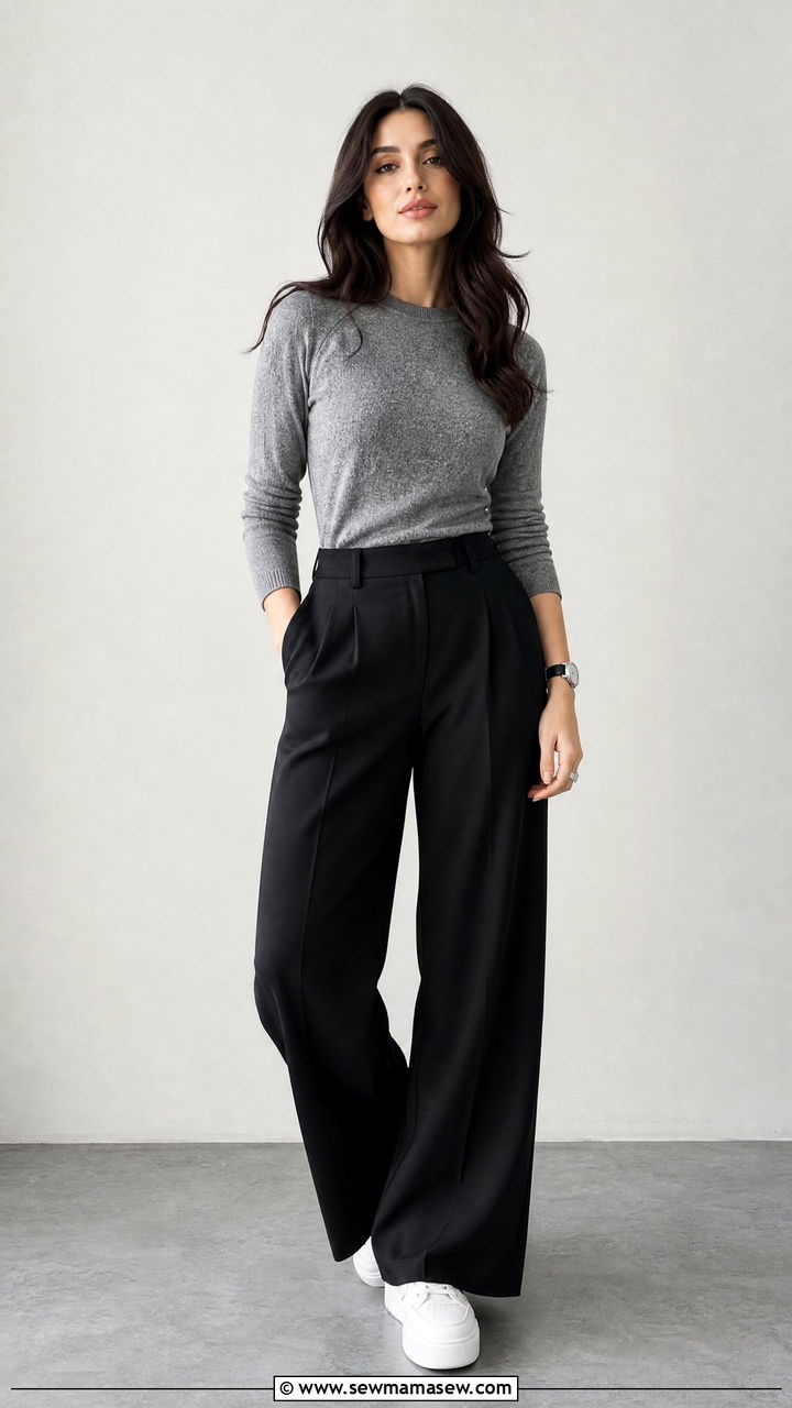Wide leg trousers and knit top outfit for makeup artists - 30 Makeup artist outfit ideas