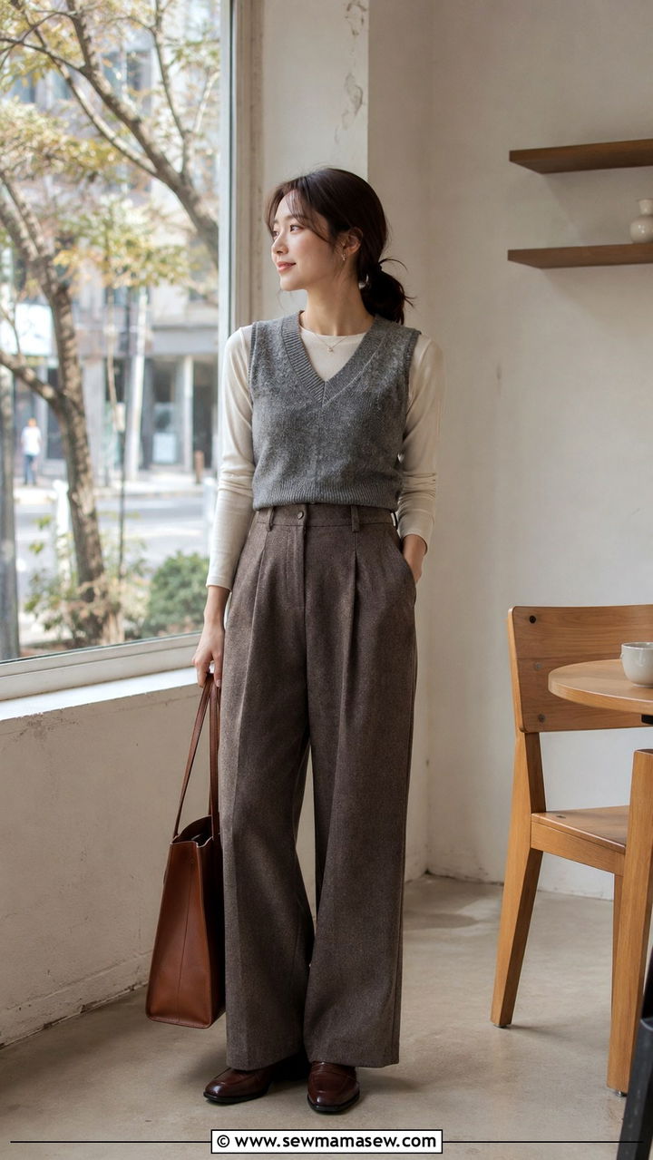 Wide leg trousers and knit vest outfit petite modest - 30 Modest outfit ideas petite