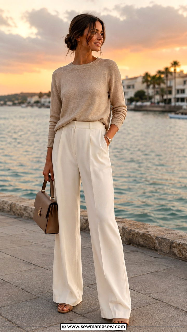 Wide leg trousers and lightweight sweater outfit - 30 Hot day cool night outfit ideas