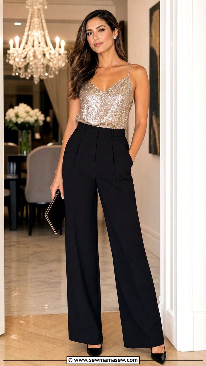 Wide leg trousers and sequin camisole dinner outfit - 25 Dinner party outfit ideas 2026