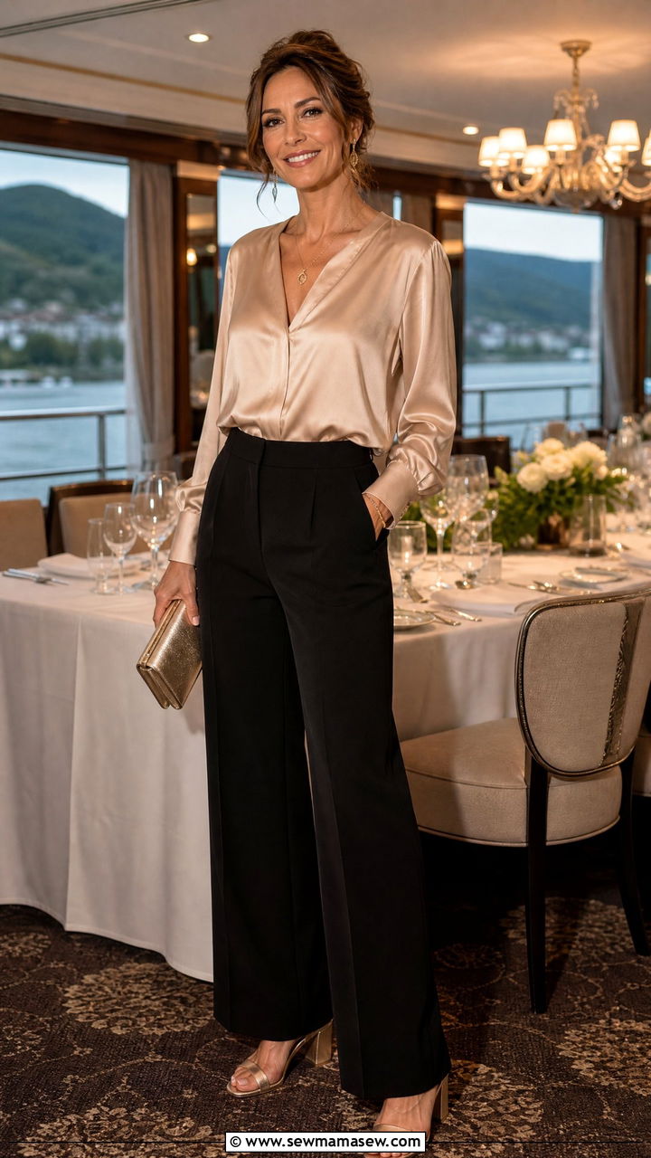 Wide leg trousers and silk blouse outfit - 30 Rhine cruise outfit ideas