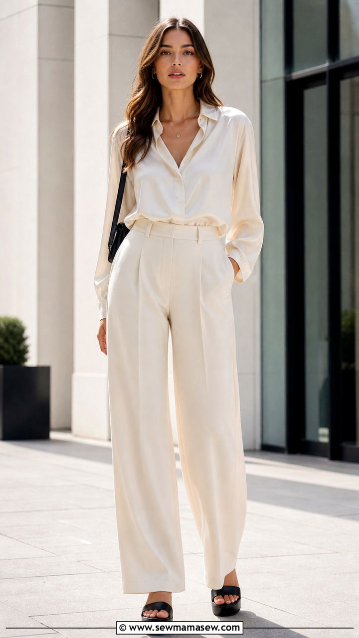 Wide leg trousers and tucked in blouse with platform sandals - 40 platform sandals outfit ideas
