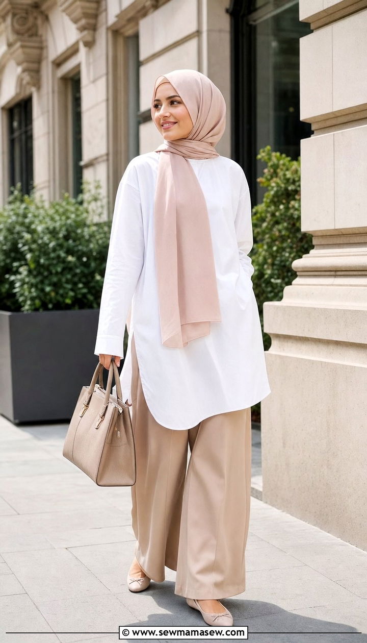 Wide leg trousers and tunic hijab outfit - 25 summer outfits for hijab women