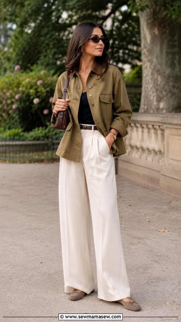 Wide leg trousers and utility jacket outfit - 30 Spring Parisian outfits 2026