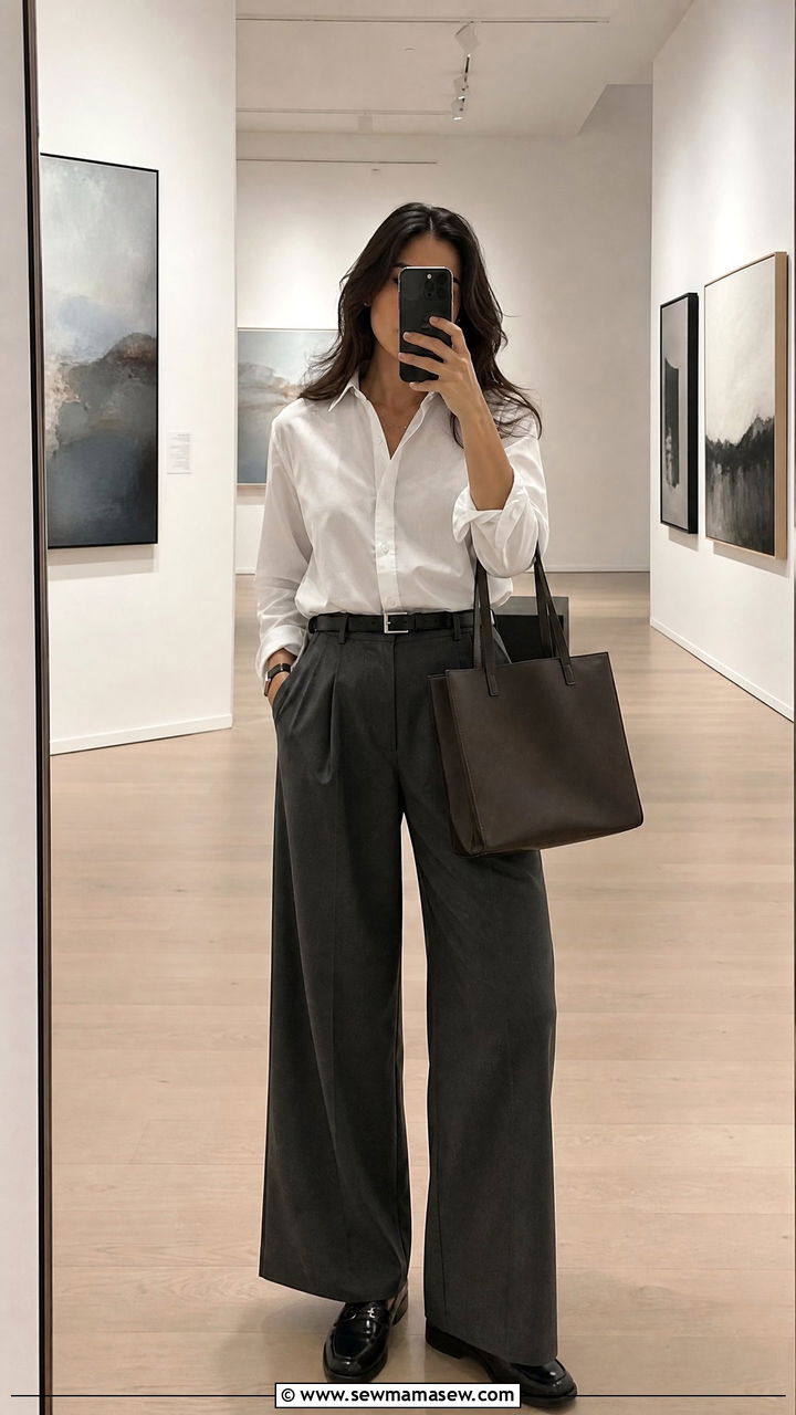 Wide leg trousers and white button down gallery look - 30 Gallery opening outfit ideas