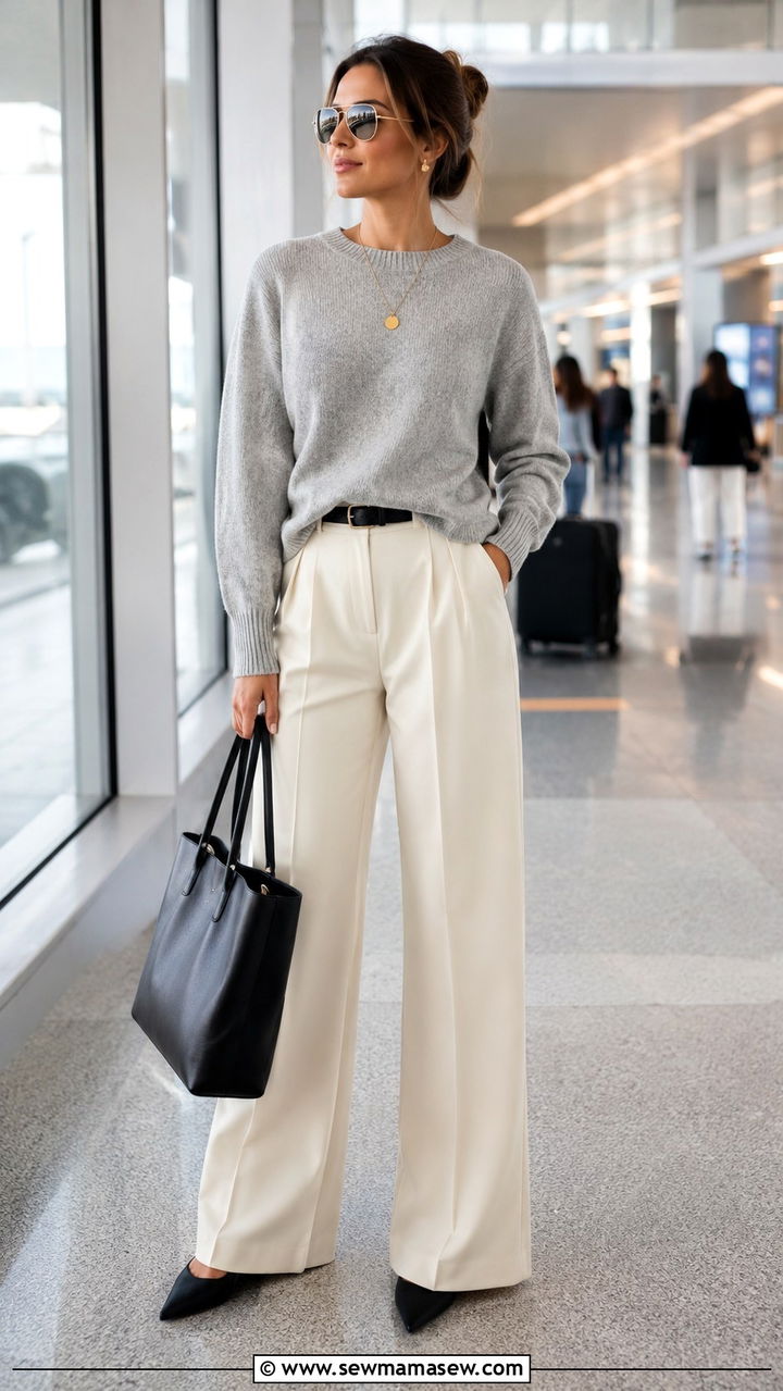 Wide leg trousers cashmere sweater airport look - 30 LAX airport outfit ideas