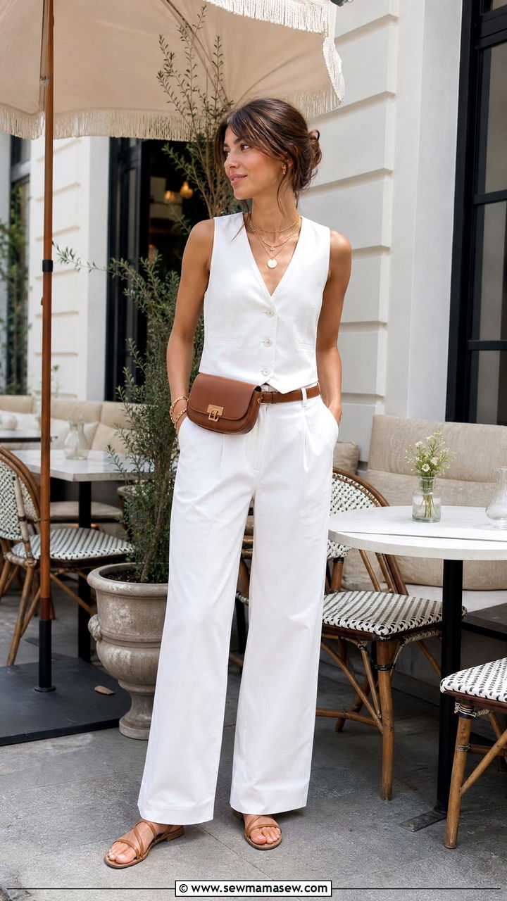 Wide leg trousers suit vest strappy sandals - 30 French girl outfit ideas for brunch