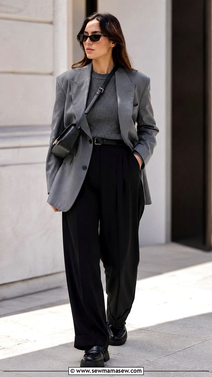 Wide leg trousers with a blazer and chunky loafers - 25 Wide leg trousers outfit ideas with a blazer