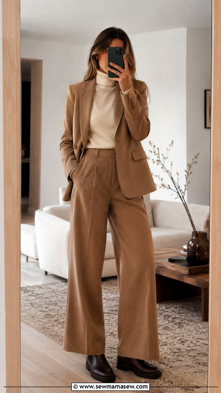 Wide leg trousers with a blazer and fitted turtleneck - 25 Wide leg trousers outfit ideas with a blazer