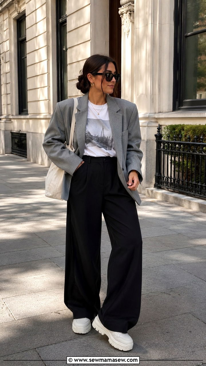 Wide leg trousers with a blazer and platform sneakers - 25 Wide leg trousers outfit ideas with a blazer