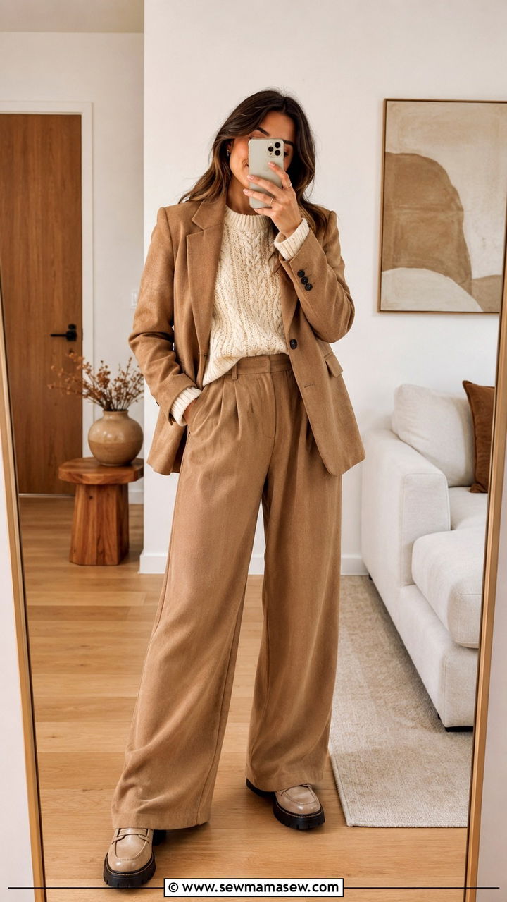 Wide leg trousers with a chunky knit and a blazer - 25 Wide leg trousers outfit ideas with a blazer