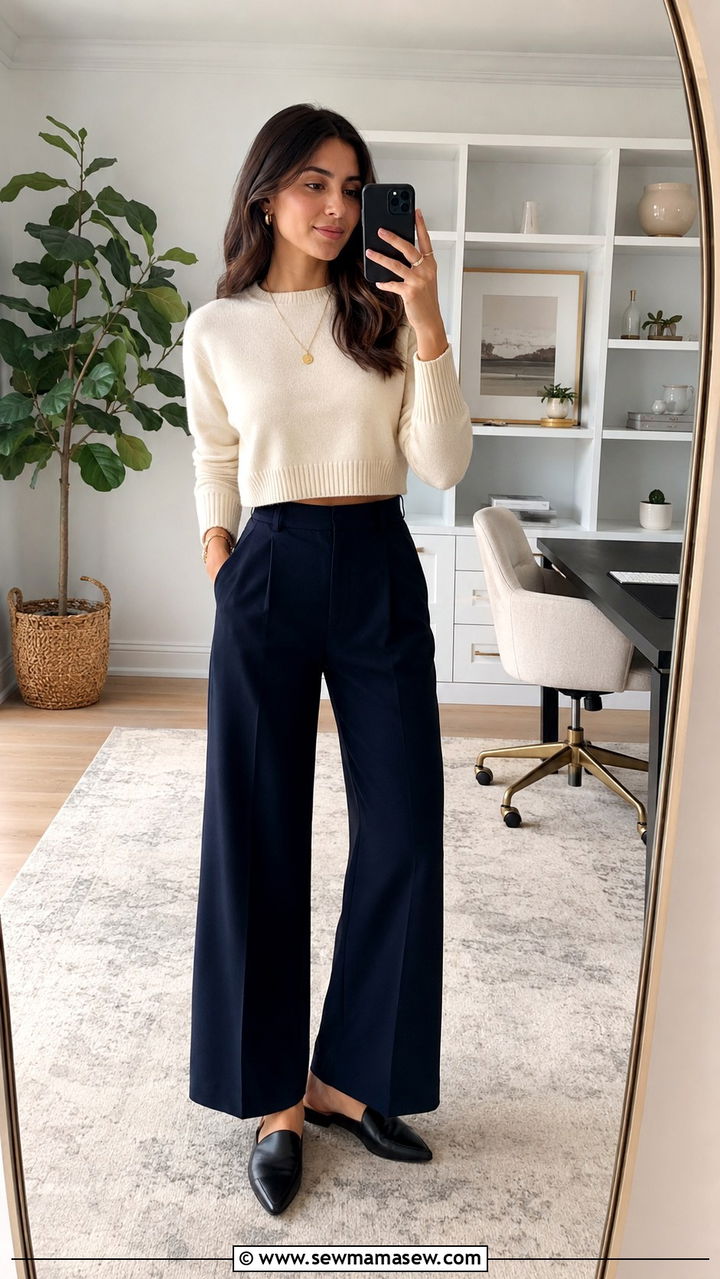 Wide leg trousers with a cropped knit sweater and mules - 25 Wide leg trousers outfit ideas for work