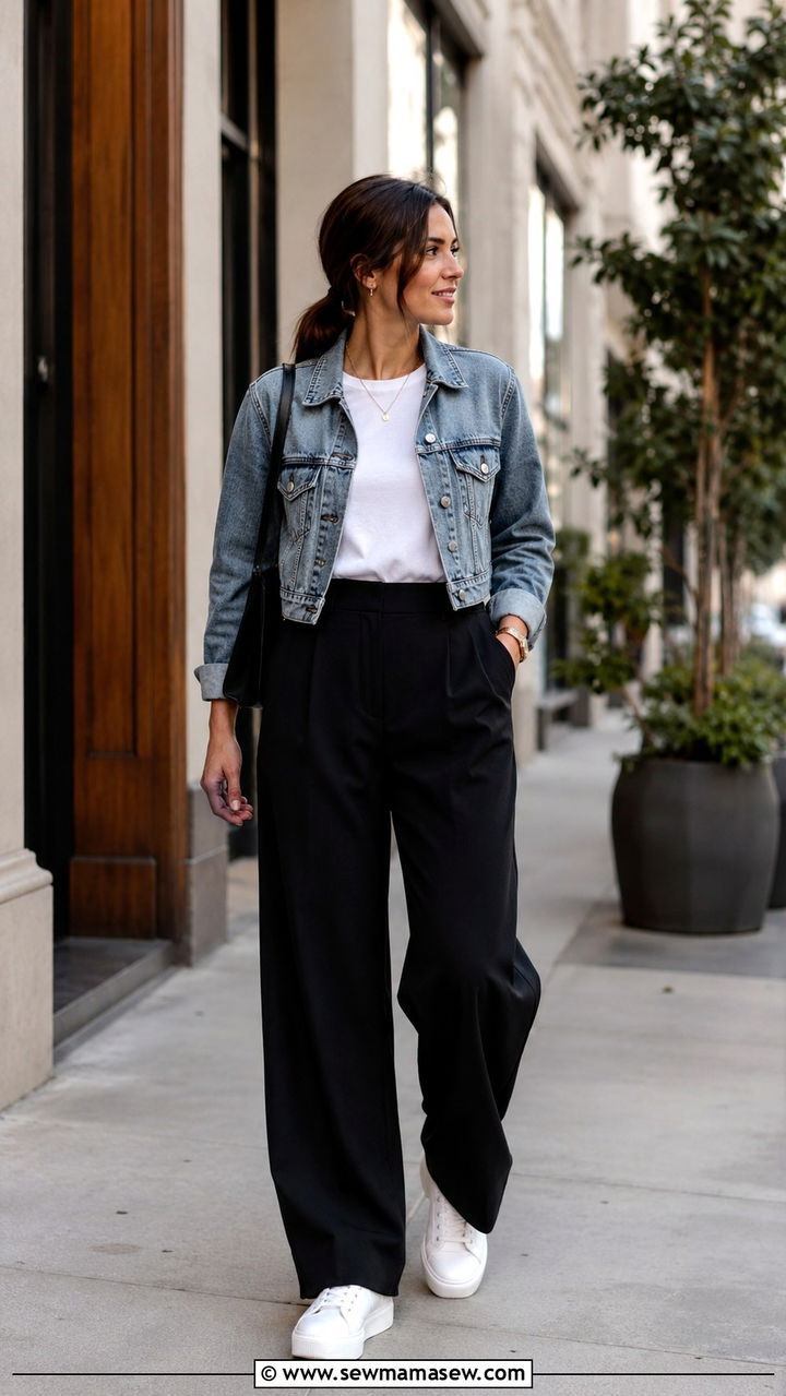 Wide leg trousers with a denim jacket and a white tee - 25 Wide leg trousers outfit ideas for work