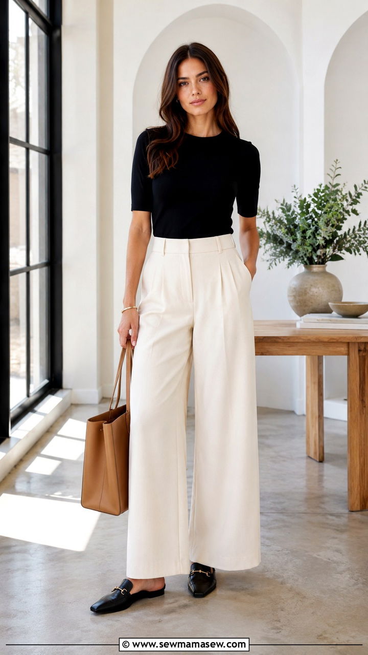 Wide leg trousers with a fitted knit top - 25 Presentation outfit ideas