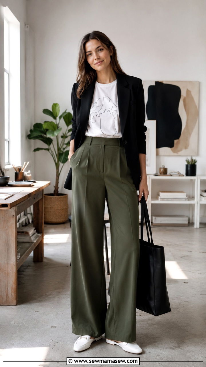 Wide leg trousers with a graphic tee and a structured blazer - 25 Wide leg trousers outfit ideas for work