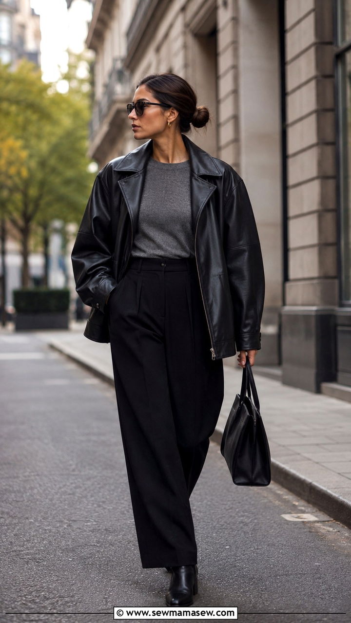 Wide leg trousers with a leather jacket and a fitted top - 25 Wide leg trousers outfit ideas for work