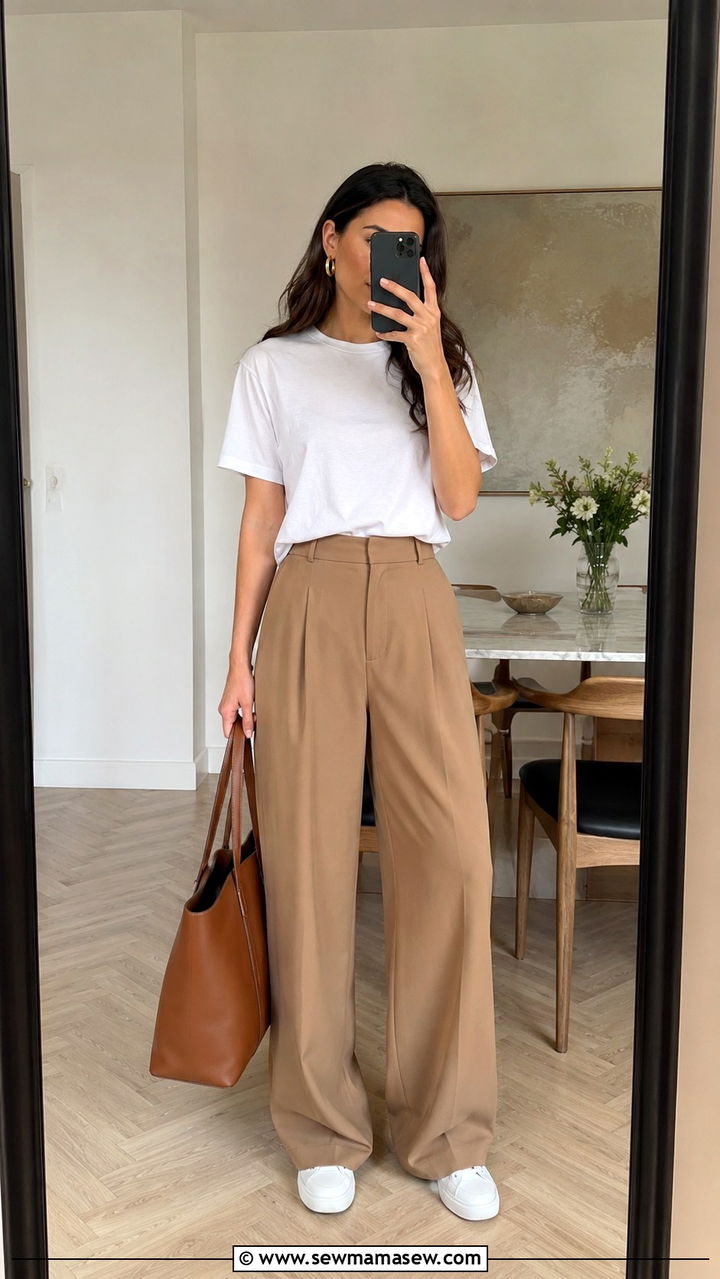 Wide leg trousers with a simple white tee - 30 Quiet luxury outfit ideas for brunch