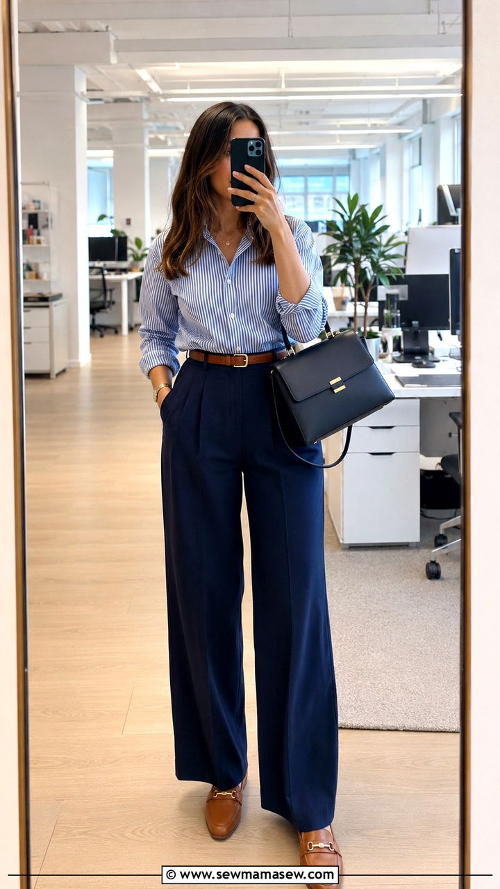 Wide leg trousers with a striped button down shirt - 25 Wide leg trousers outfit ideas for work