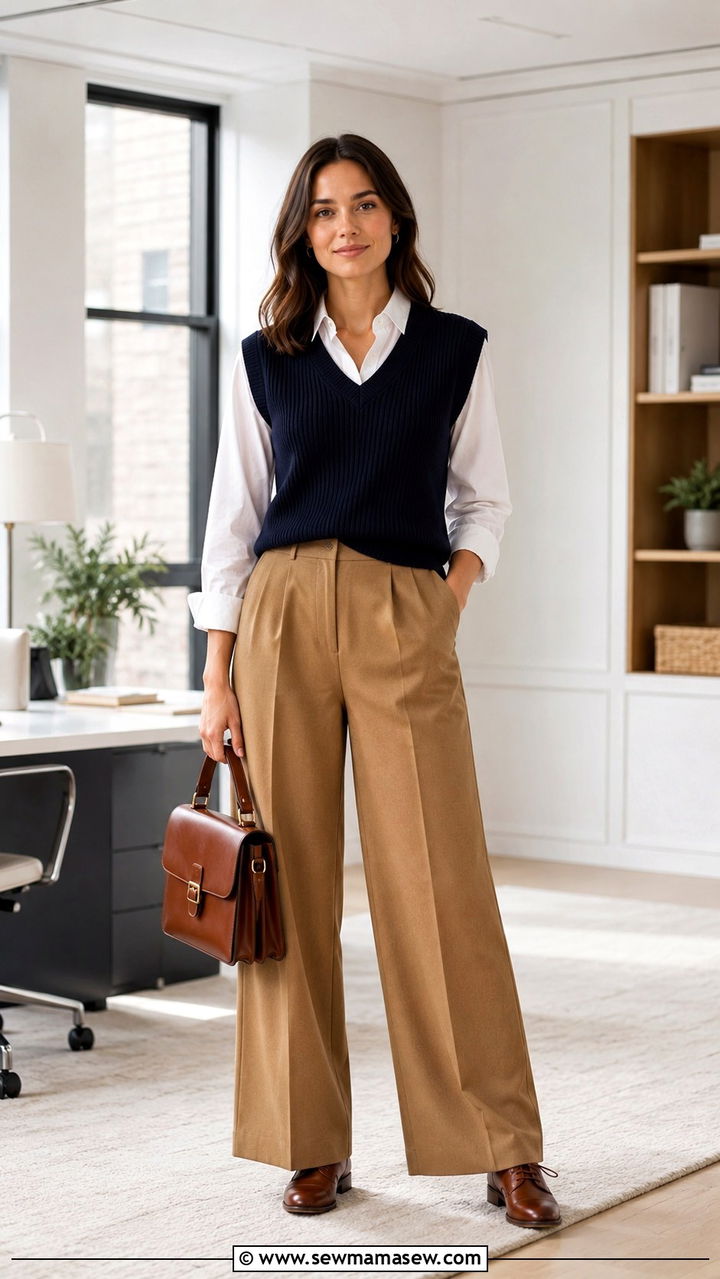 Wide leg trousers with a sweater vest over a button up shirt - 25 Wide leg trousers outfit ideas for work