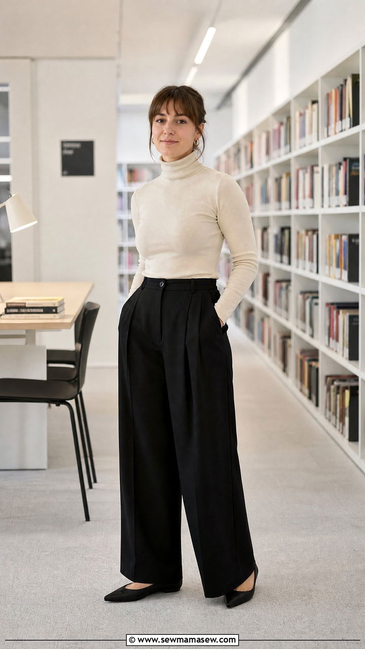 Wide leg trousers with a tucked in turtleneck and pointed flats - 35 Librarian outfit ideas for work