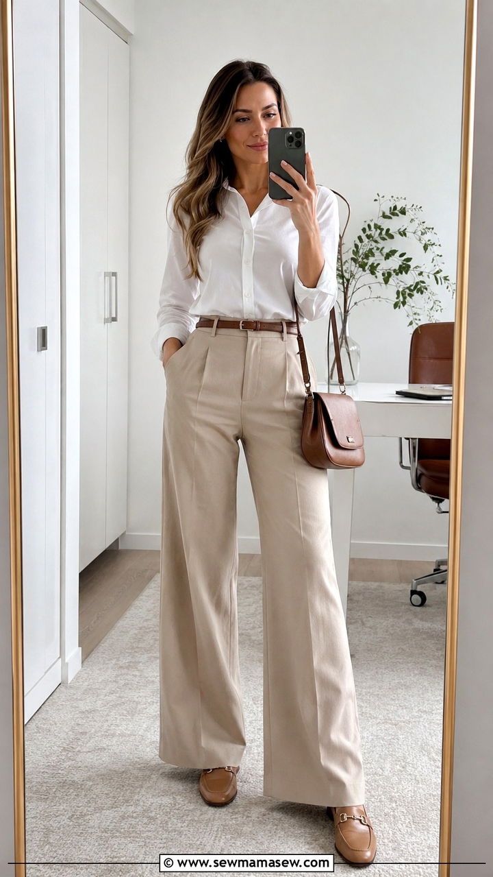 Wide leg trousers with a white button down shirt and loafers - 25 Wide leg trousers outfit ideas for work