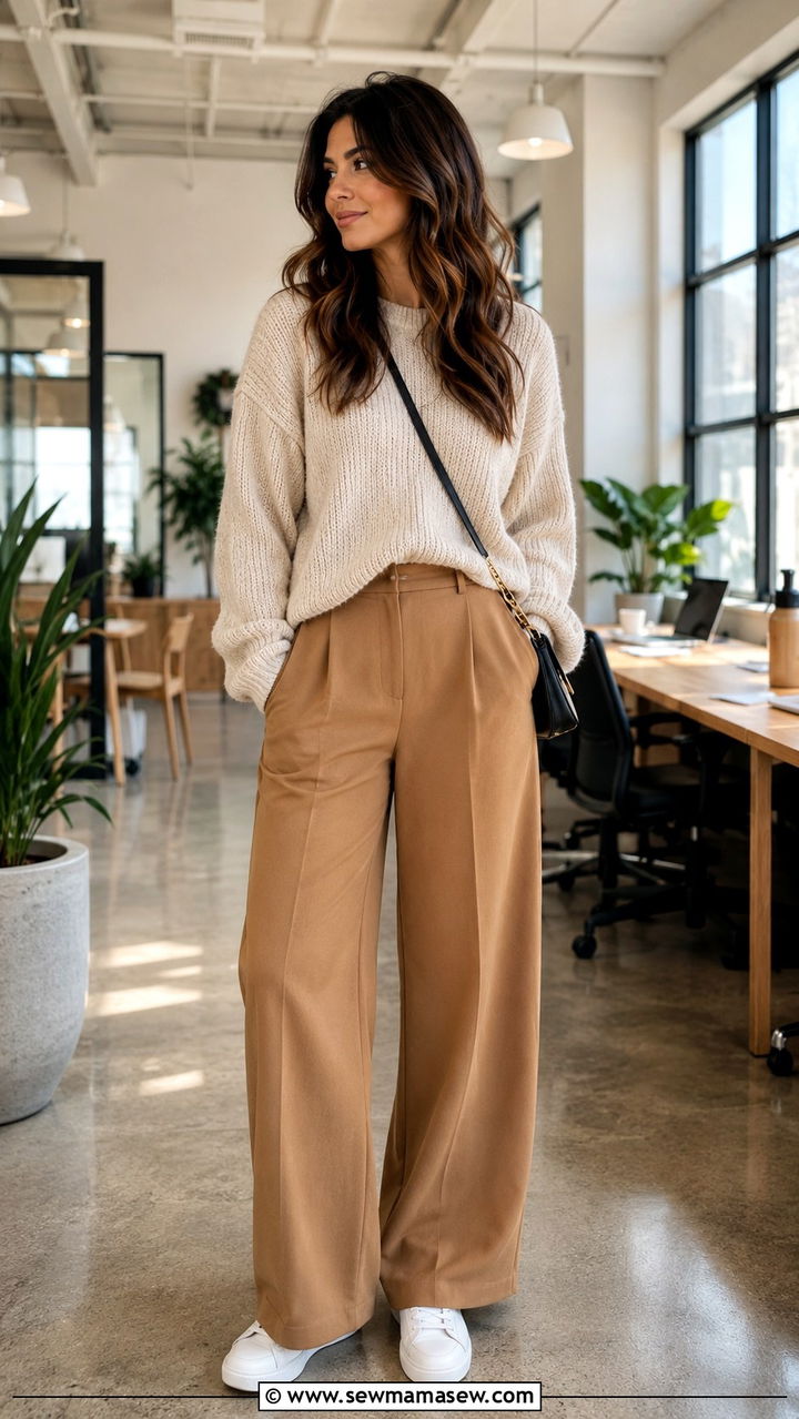 Wide leg trousers with an oversized knit sweater and sneakers - 25 Wide leg trousers outfit ideas for work