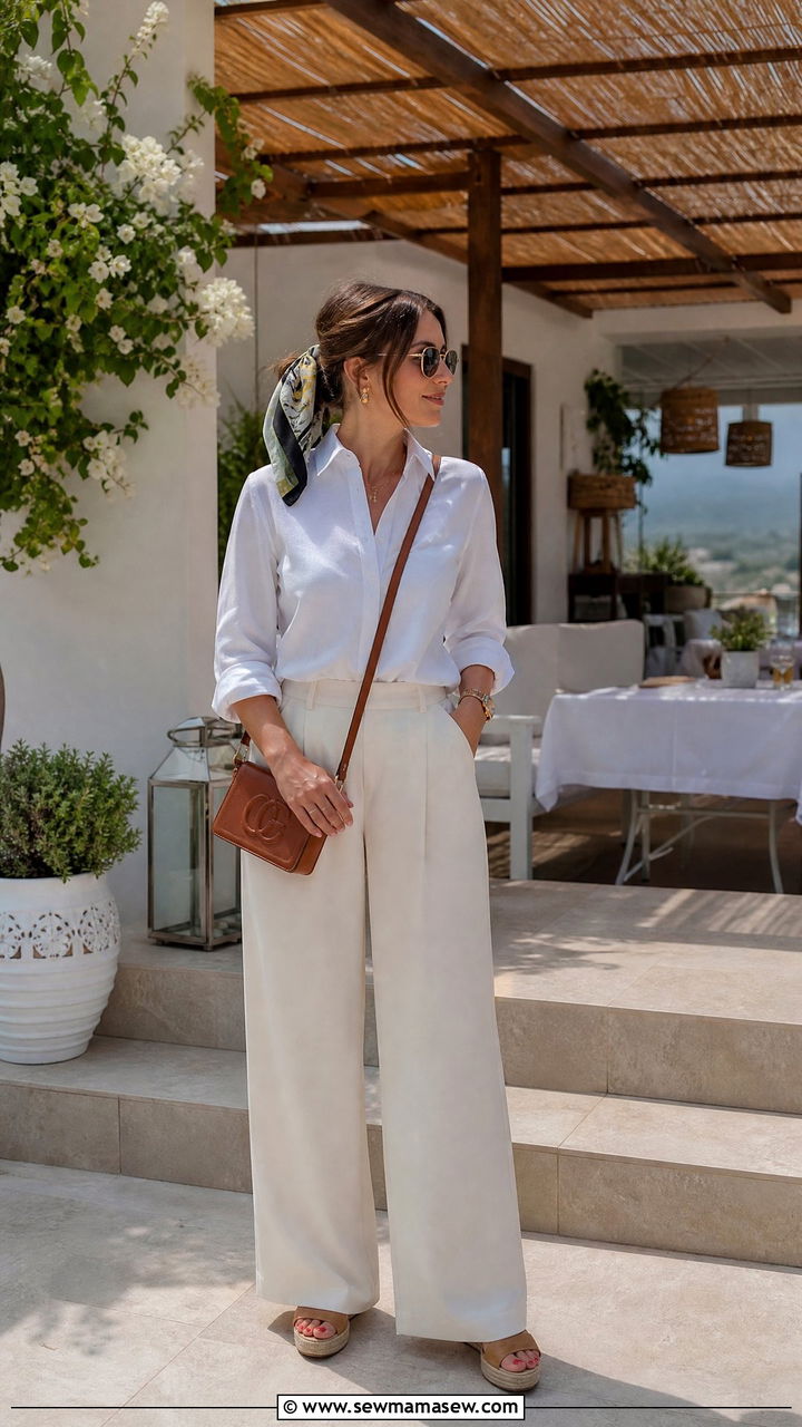 Wide leg trousers with button down shirt vacation outfit - 30 modest resort vacation outfit ideas
