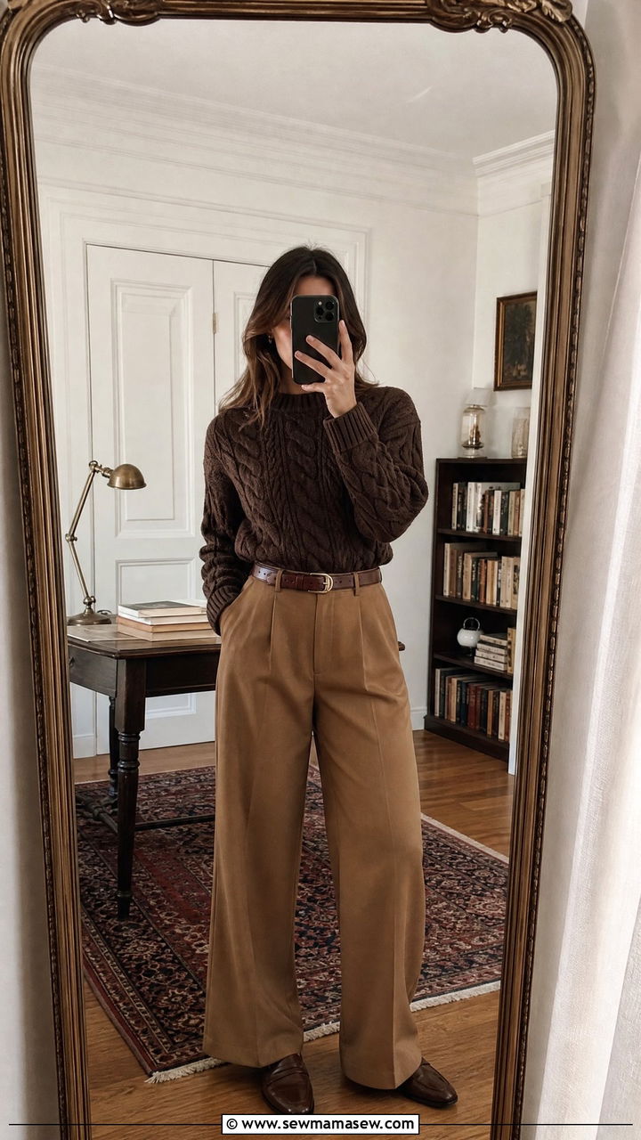 Wide leg trousers with chunky cable knit sweater outfit - 25 classy dark academia outfit ideas