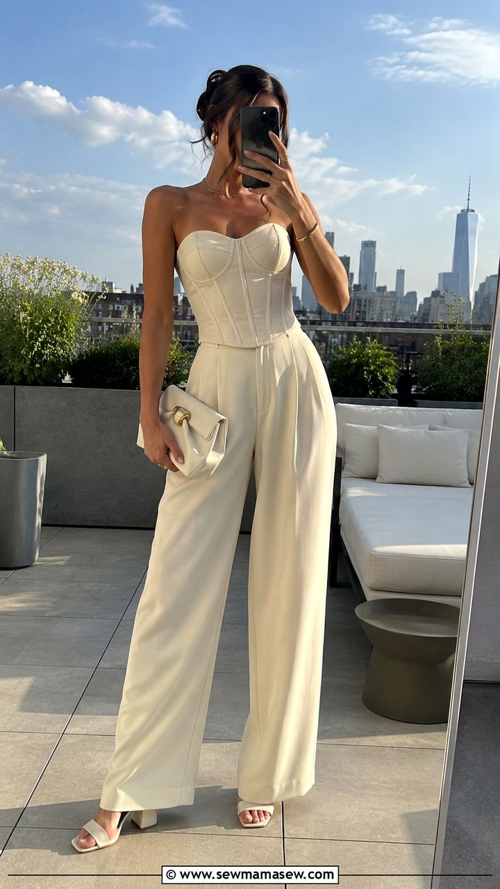 Wide leg trousers with corset top - 30 spring rooftop dinner outfit ideas