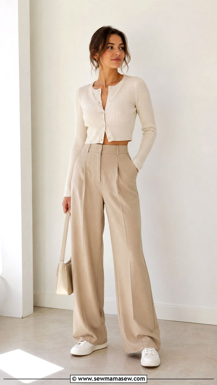 Wide leg trousers with cropped cardigan and sneakers - 30 transitional sneaker outfit ideas