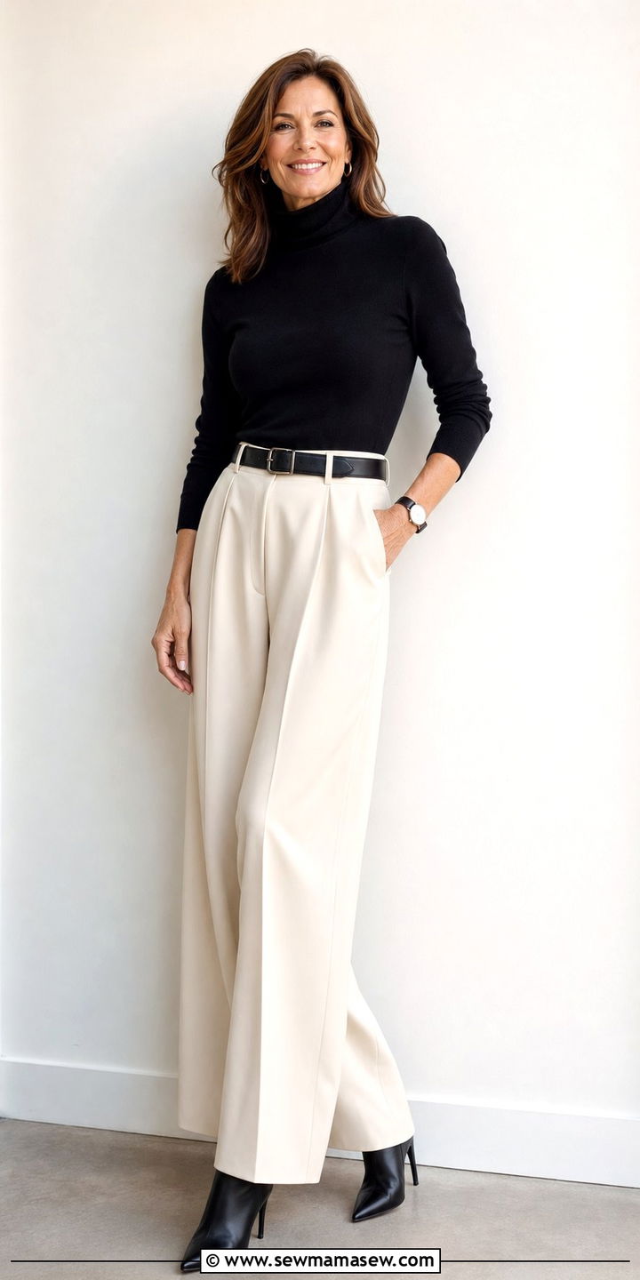 Wide leg trousers with fitted black turtleneck outfit - 35 Business casual outfits for women over 50