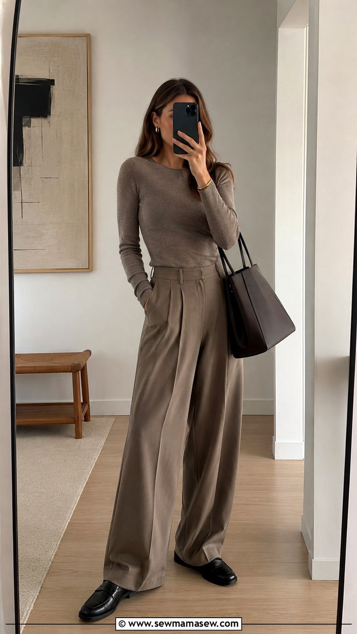 Wide leg trousers with fitted knit top and loafers outfit - 25 Quiet luxury on a budget outfit ideas
