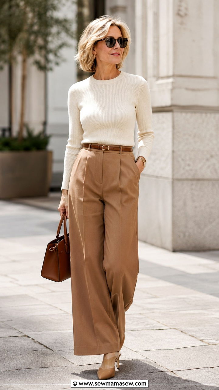 Wide leg trousers with fitted knit top rectangle shape - 25 Outfit ideas for rectangle over 40