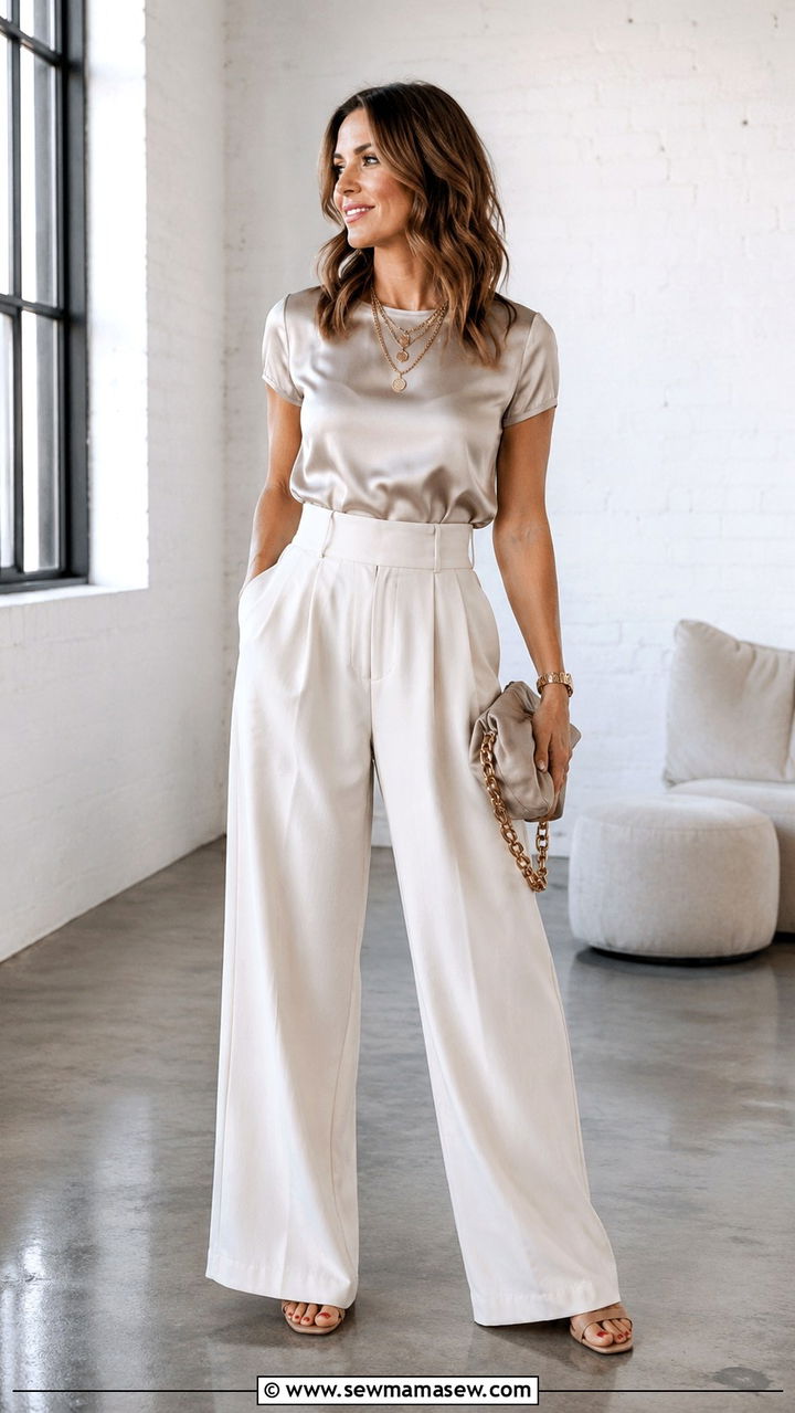 Wide leg trousers with fitted top and minimal jewelry outfit - 25 Quiet luxury outfit ideas for women over 40