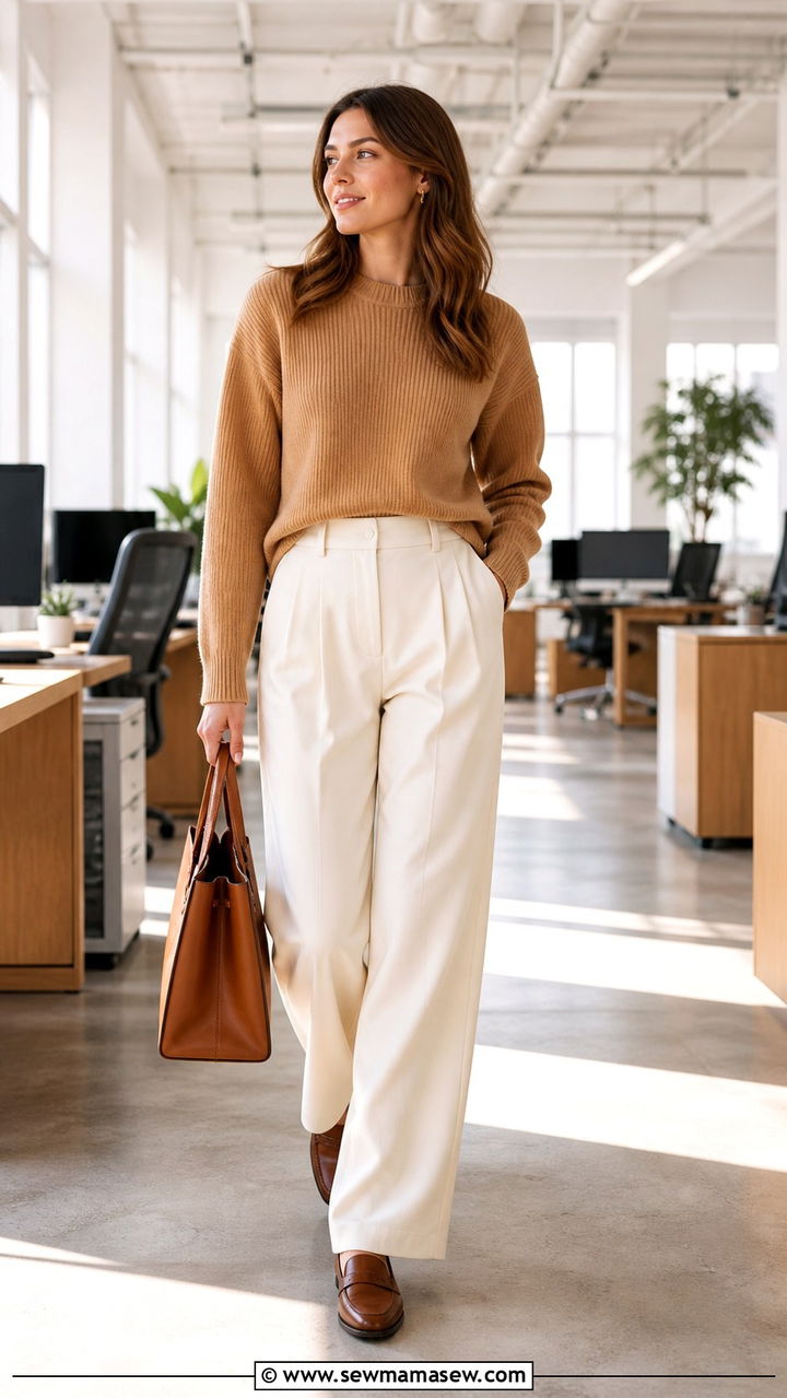 Wide leg trousers with knit sweater and loafers - 40 casual office outfits