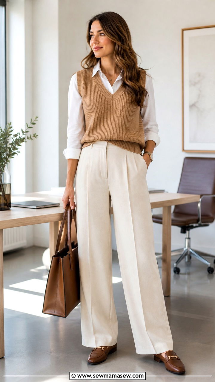 Wide leg trousers with knit vest and loafers - 40 trendy outfits
