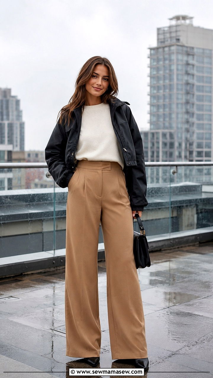 Wide leg trousers with light knit and cropped jacket - 30 Rainy day weekend outfit ideas