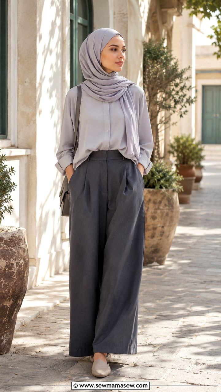 Wide leg trousers with long blouse - 30 Modest outfit ideas for Ramadan