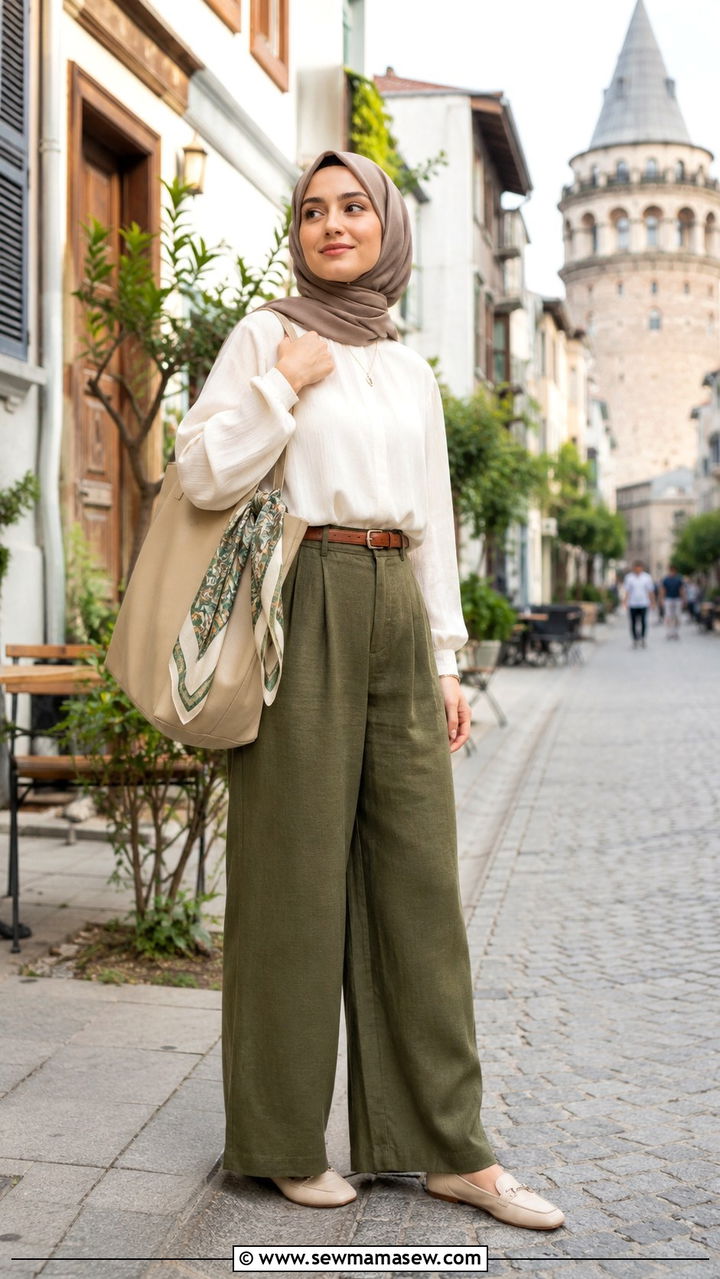 Wide leg trousers with long sleeve blouse outfit - 20 Modest outfit ideas for Turkey