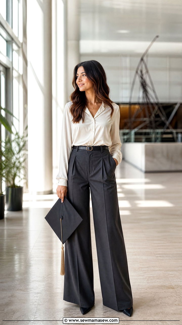 Wide leg trousers with silk blouse - 30 Engineering graduation outfit ideas