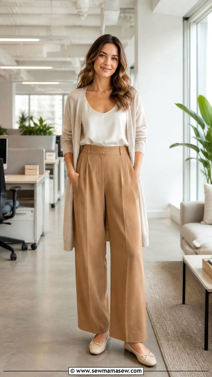Wide leg trousers with sleeveless blouse and cardigan - 40 casual office outfits